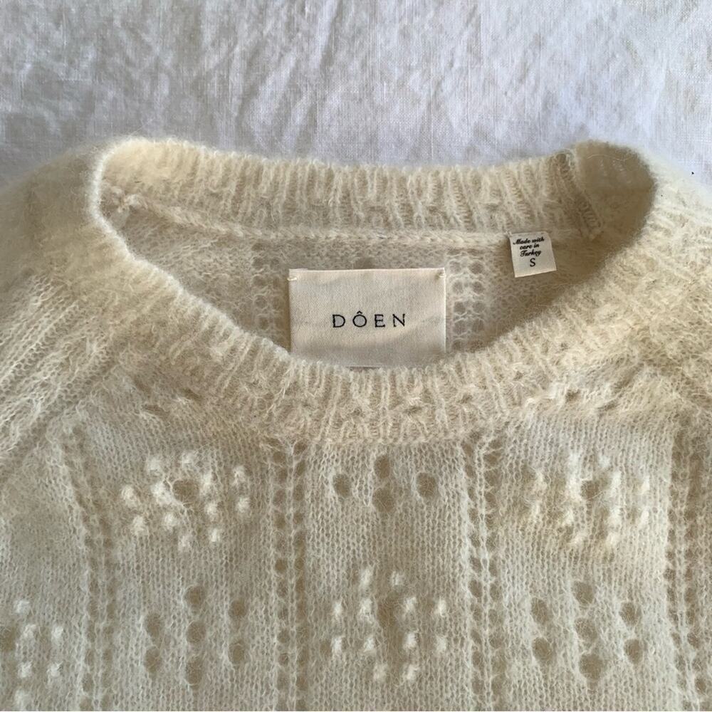 Doen Emiliana Alpaca Wool Pointelle Crewneck 3/4 Sleeve Knit Sweater Top Ivory - Picture 8 of 11